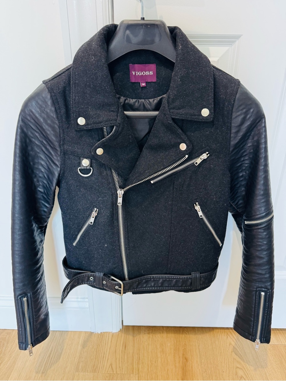 Vigoss Black Mixed Media Moto Biker Jacket with Silver Hardware